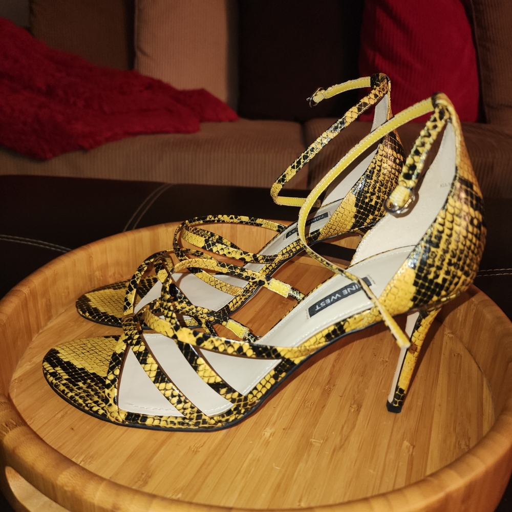 Nine West Yellow Snake-Print Strappy Sandals